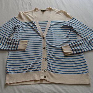 ANN TAYLOR Cream & Blue STRIPED Long Sleeve WOOL Blend BUTTON Up CARDIGAN Sz M